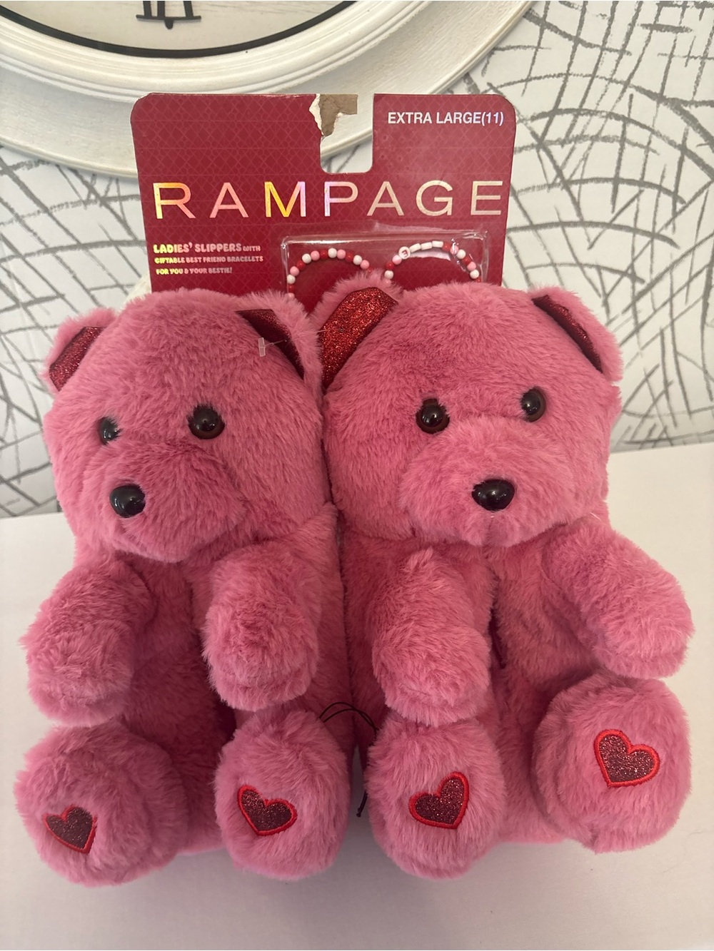 New Rampage Pink Teddy Bear Slippers & BFF Bracelet Set Extra Large 11